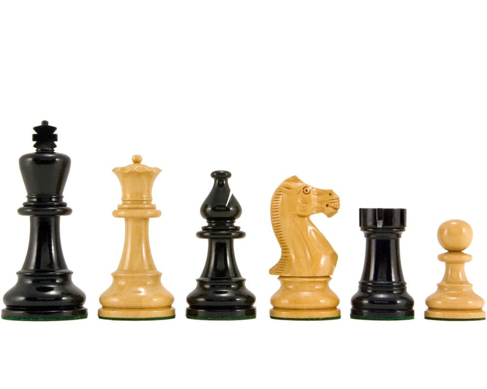 Atlantic Series Staunton black and natural lacquered chess pieces with 3.75 inch king, turned from high grade boxwood, polished and felted.