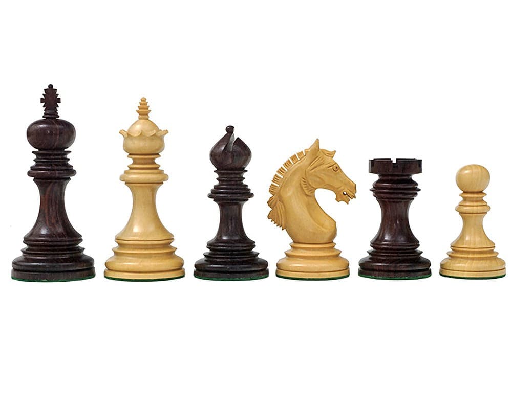 The Garvi 4 inch Rosewood Chessmen pieces including king, queen, bishop, knight, rook, and pawn crafted from solid rosewood.