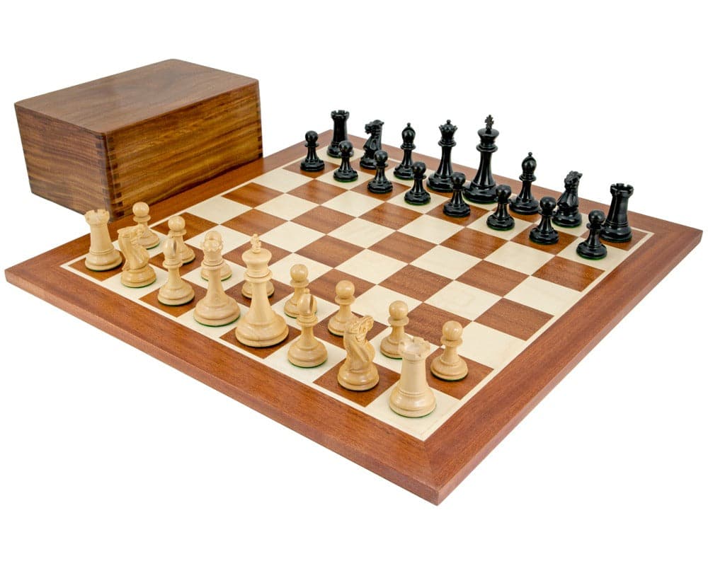 Old English Elite Ebony Mahogany Chess Set with Staunton pieces, a 3.5 inch king, mahogany board, and golden rosewood chess piece case.