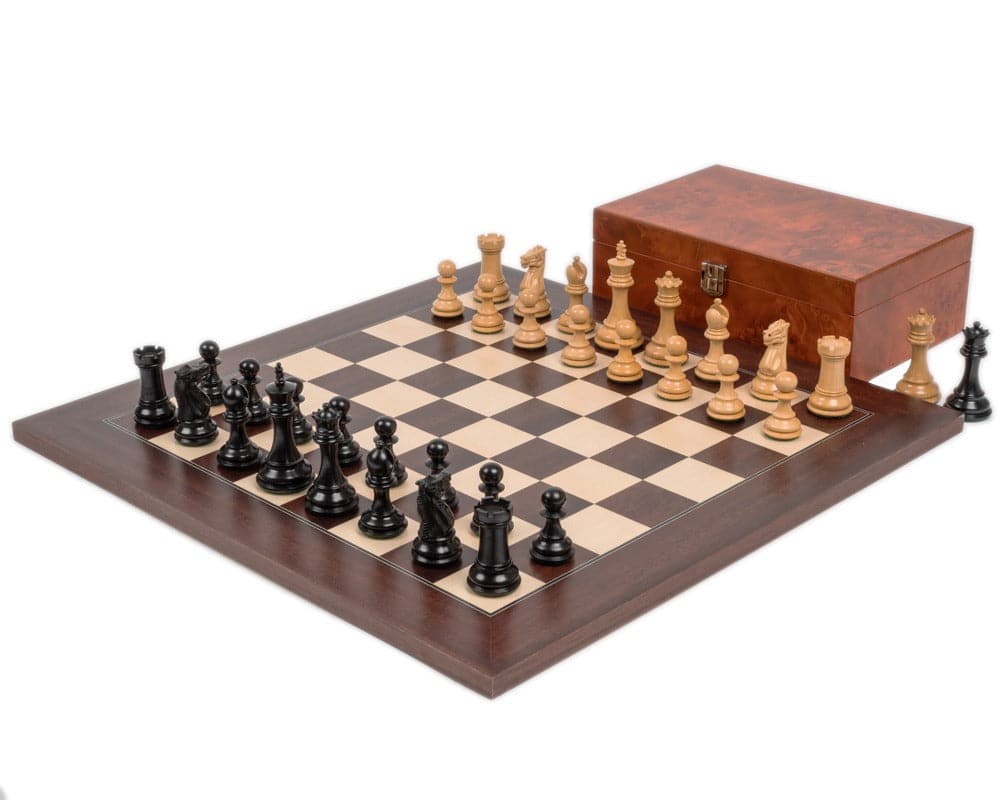 Windsor Ebony and Montgoy Palisander Chess Set with 3 inch king and burl case