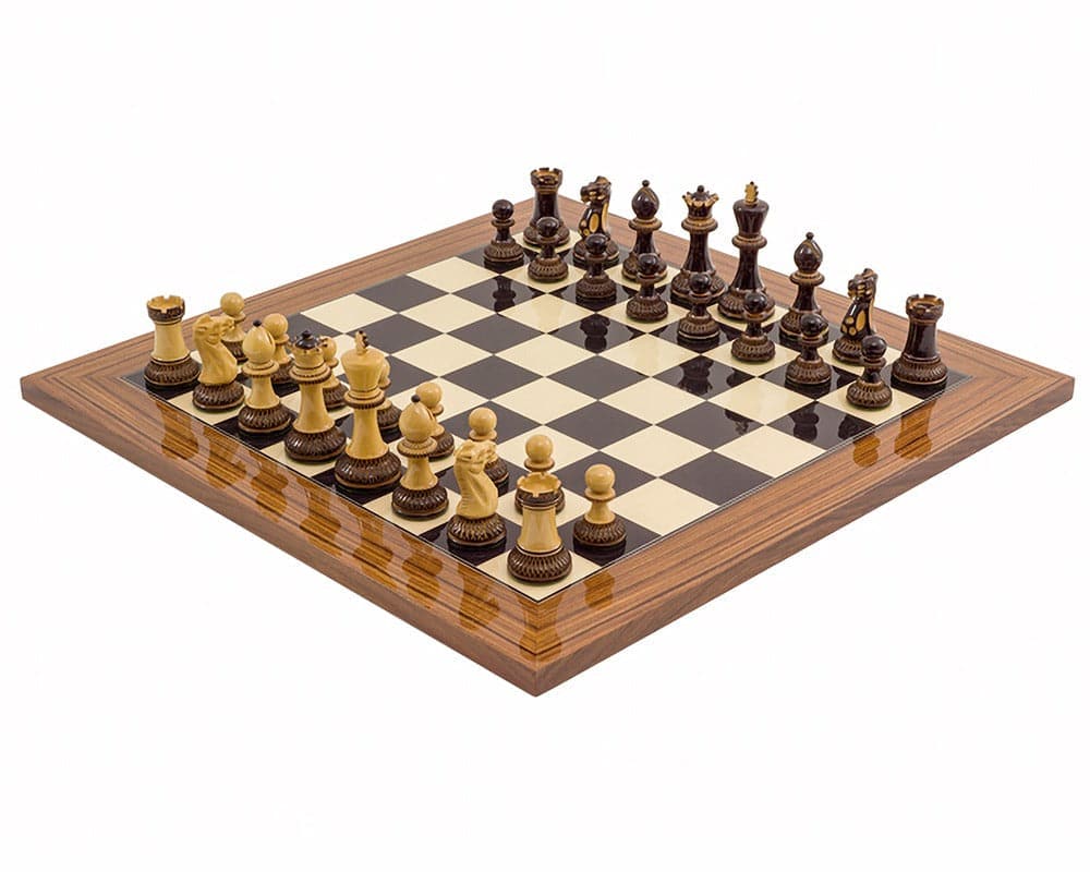 The Burnt Parker Palisander Chess Set on high gloss Black Anegre and Palisander Deluxe Chess Board.