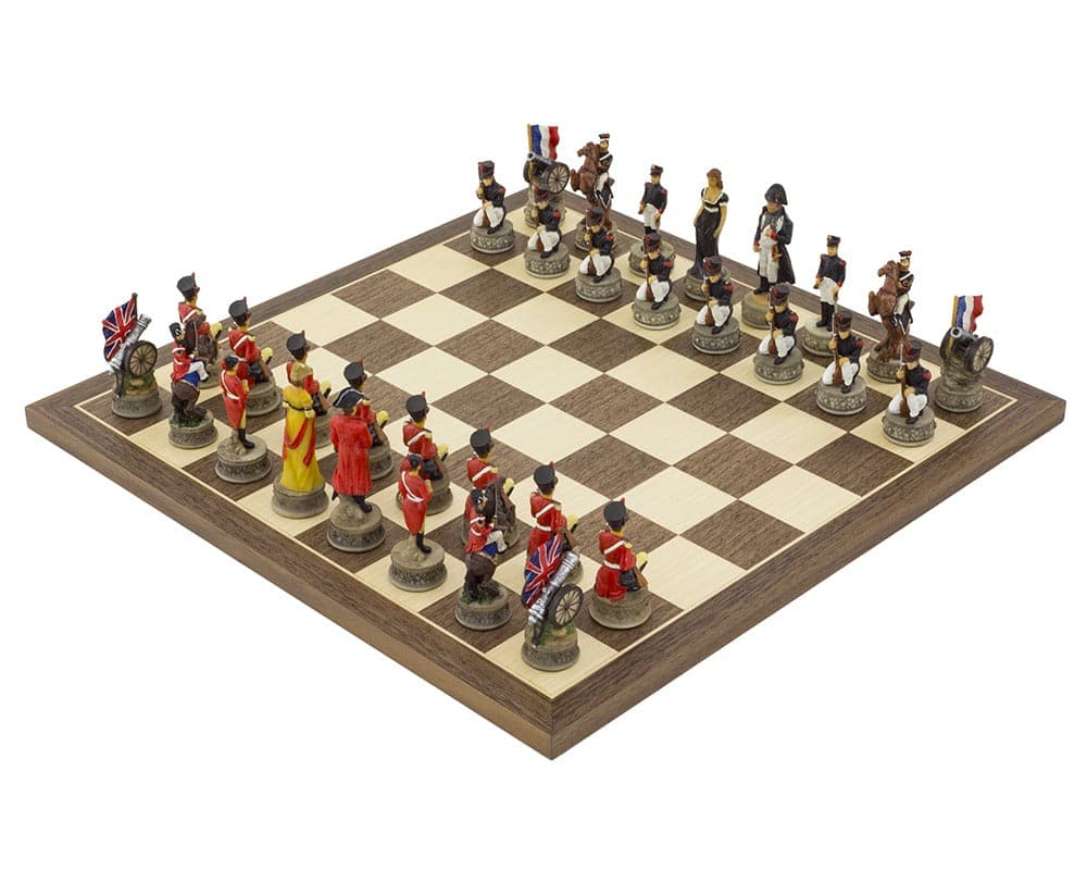 Battle of Waterloo hand-painted chess set by Italfama on beautiful Spanish board with 3.25 inch king pieces featuring Bonaparte and Wellington