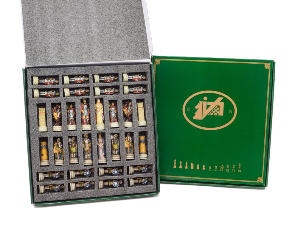 Hand-painted themed Roman and Arab chess pieces set by Italfama in a green box with detailed ornamentation, ideal for a 16-inch board.
