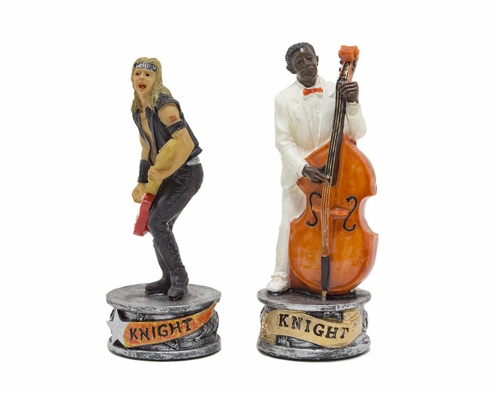 The Jazz Band Vs Rock Stars Hand painted themed chess pieces by Italfama