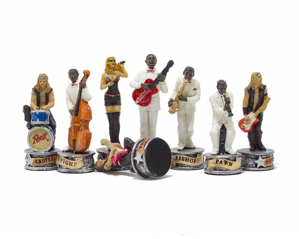 The Jazz Band Vs Rock Stars Hand painted themed chess pieces by Italfama