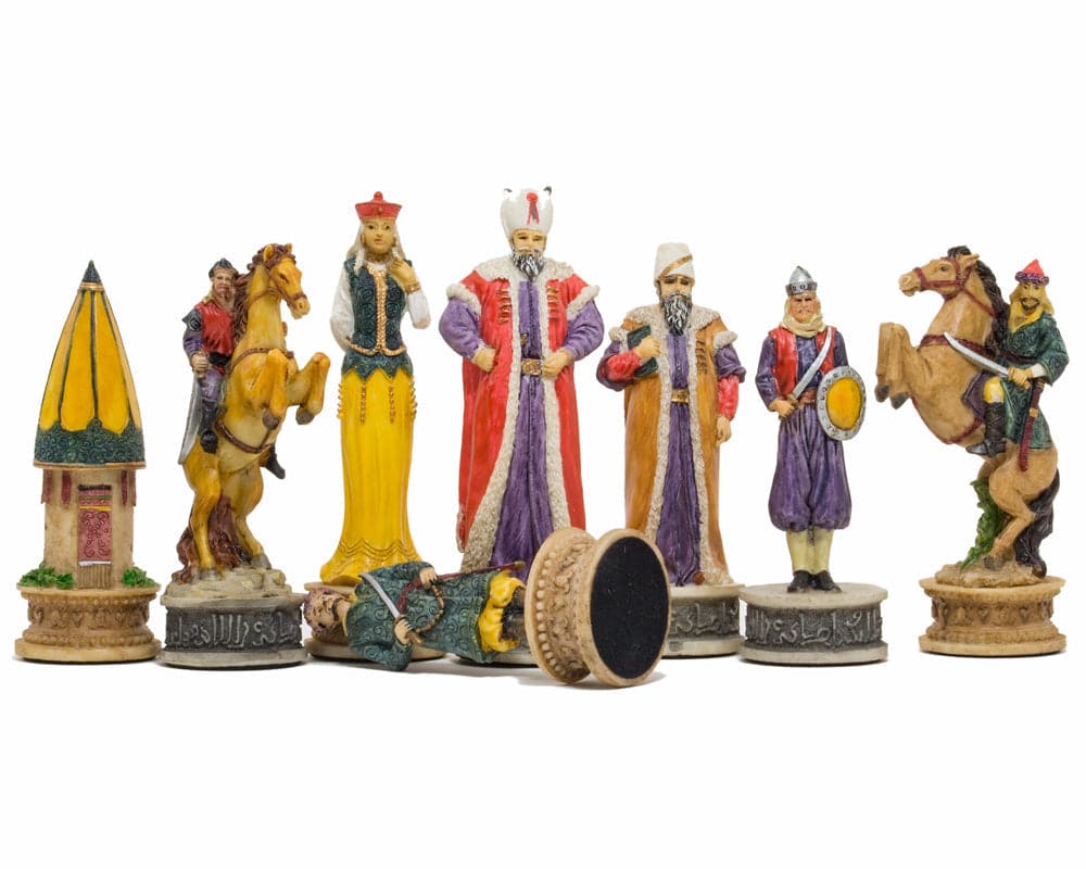 Hand-painted themed chess pieces featuring Hungarian and Turkish figures by Italfama.