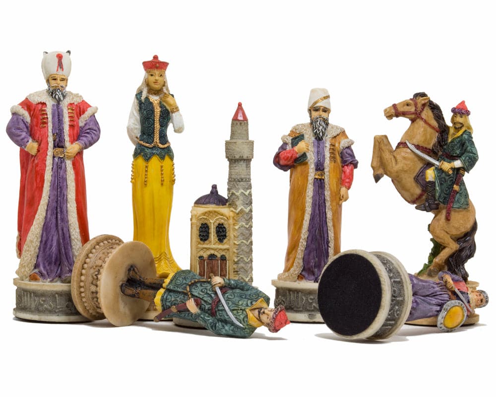 Hand-painted Hungarians vs Turkish themed chess pieces by Italfama in vibrant colors featuring detailed figures including guards and horses.