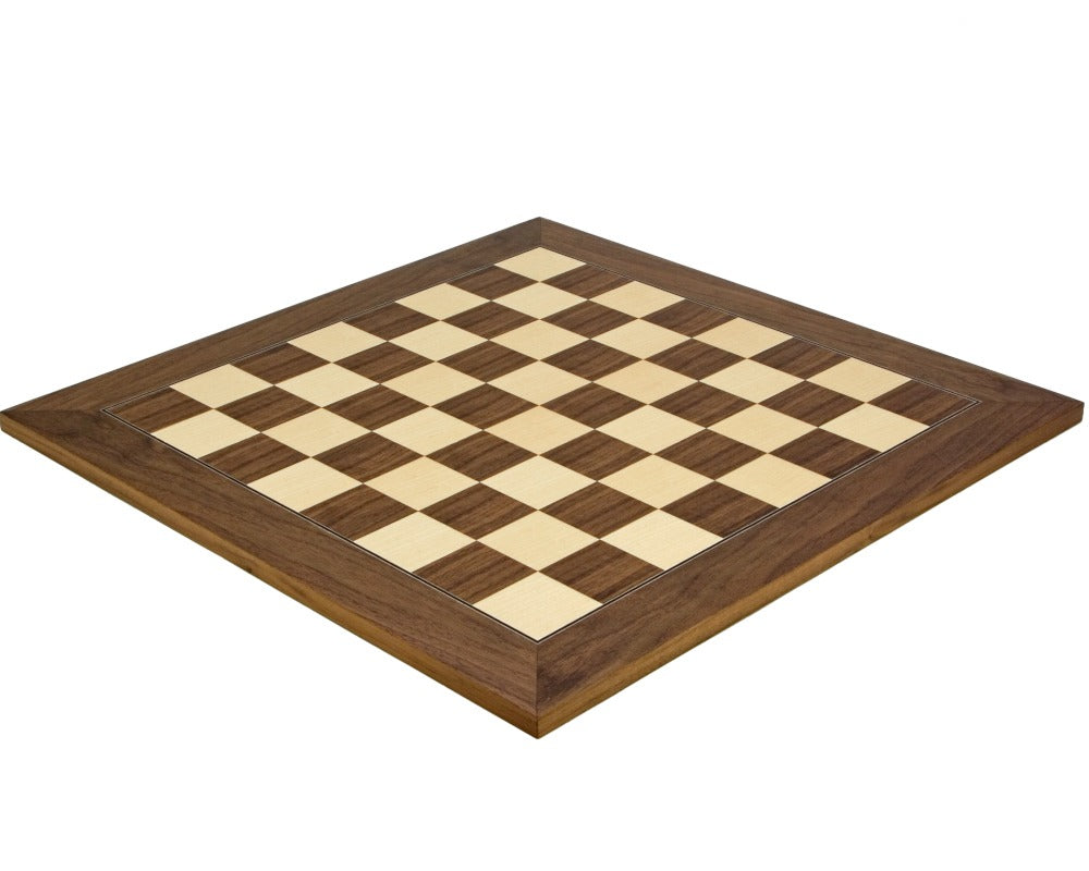 19.7 inch walnut and maple deluxe chess board with 1.9 inch playing squares, crafted in Spain by Rechapados Ferrer.