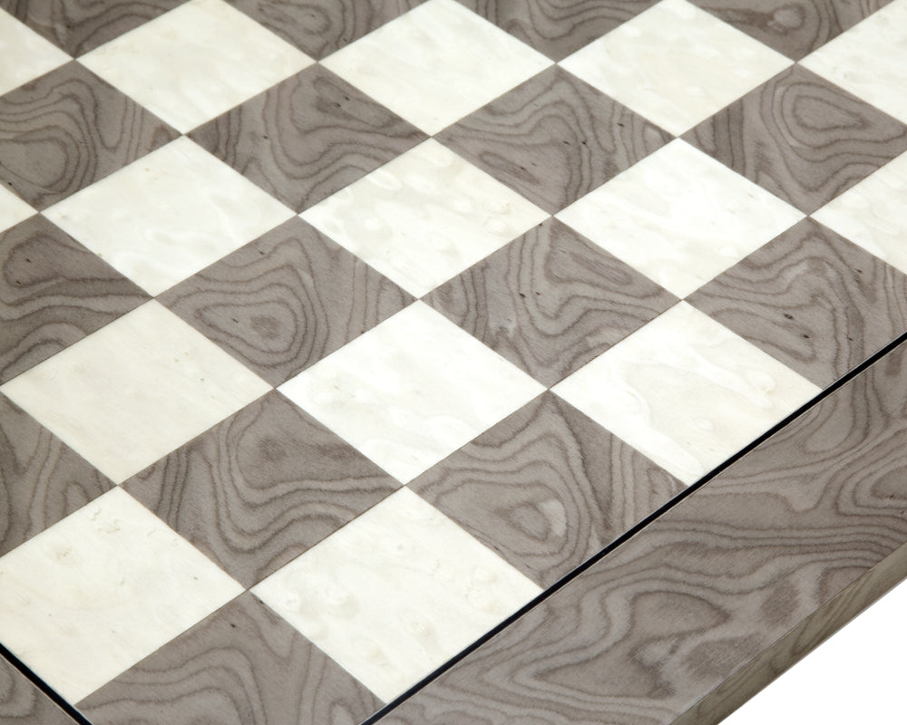 High gloss 21.7 inch grey ash burl and maple deluxe chess board with 2.17 inch squares, crafted by Rechapados Ferrer in Spain.