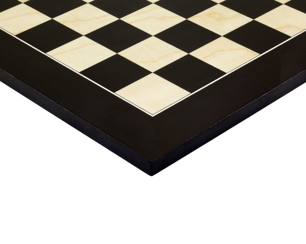 19.7 Inch Lacquered Black Anegre and Maple Deluxe Chess Board, high gloss finish, 1.9 inch squares, crafted in Spain for Regency Chess Company.