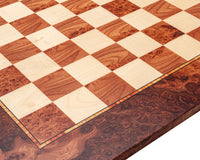 17.3 Inch Mastellone Giuseppe Elm Wood Inlaid Chess Board, crafted in Italy with Elm Burl and Maple veneers, featuring 1.57 inch playing squares.