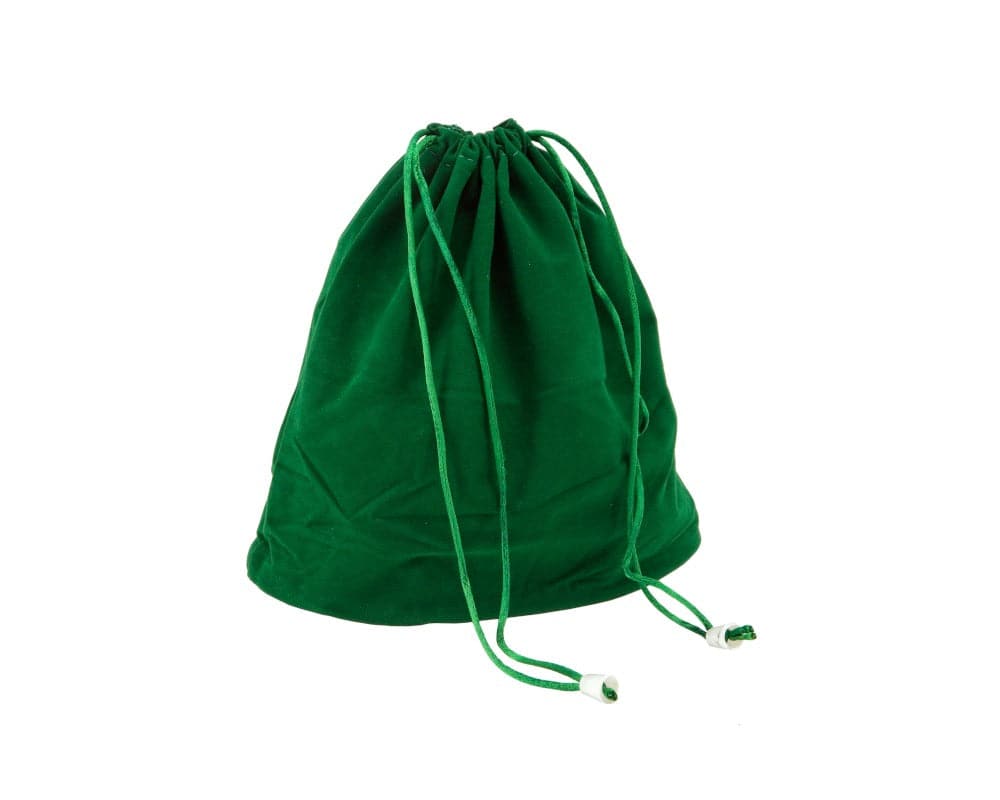 Green drawstring chess piece bag made from plush corded fabric for storing and protecting chess pieces up to 4 inches in King height.