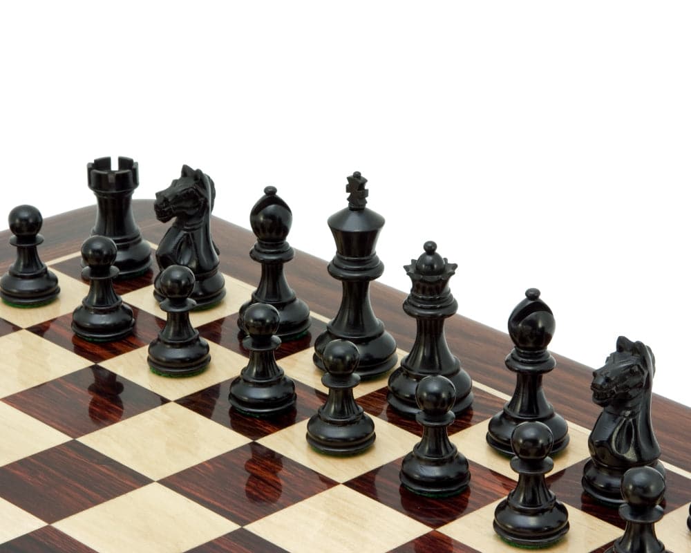 Ebonised Staunton chess set with handcrafted 3-inch pieces on a classic brown and white checkered board.