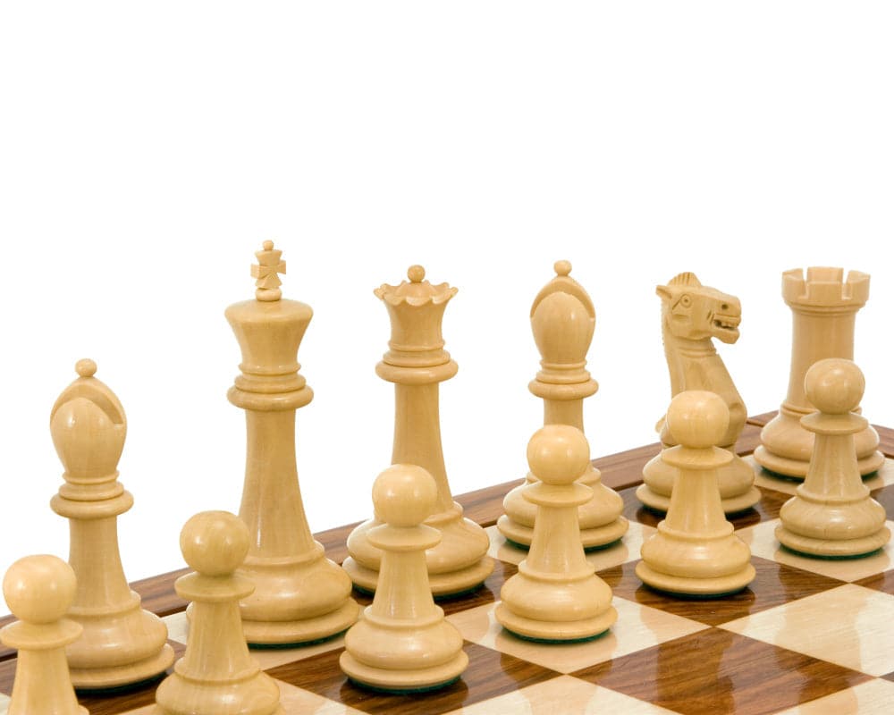 Victoria Series Sheesham and Boxwood Chessmen 3.75 Inches lined up on Sheesham chessboard.