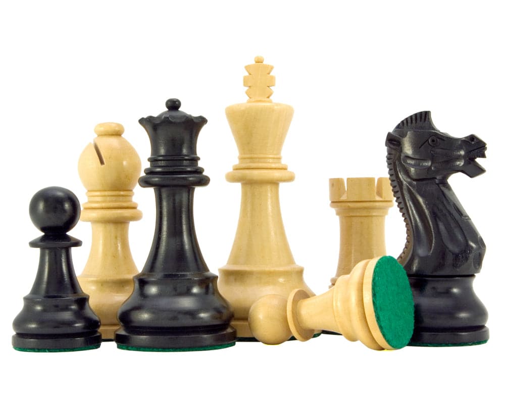 Frankfurt Series Ebonised Boxwood Chess Pieces 4 Inches showing the 4-inch king, pawn, knight, bishop, rook, and queen on a white background.