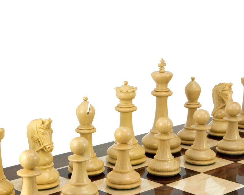 Monarch Series luxury chess pieces in boxwood on chessboard, featuring 4.5 inch king and detailed bridled knights, perfect for 23-inch board