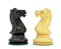 Black and white knights from the Old English Elite Series Ebony Staunton Chess Pieces 4 Inches set.