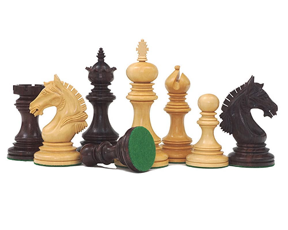 The Garvi 4 inch Rosewood Chessmen set with 16th century Indian design and weighted bases for balance