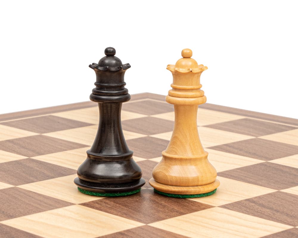 The Stallion Knight Ebonised Chess Pieces 3.5 inch - Traditional Staunton design kings on a chessboard. Crafted from boxwood, weighted and felted.