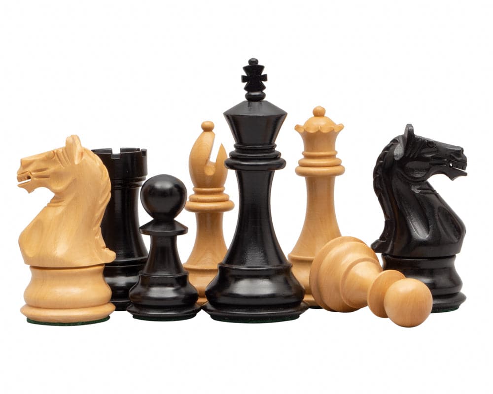 Fierce Knight Ebonised Boxwood Chessmen Set with 4 Inch King and Additional Queens on Display