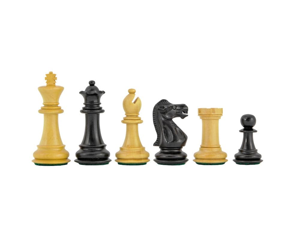 Classic wooden and black chess pieces set, including king, queen, bishop, knight, rook, and pawn, arranged in a line.