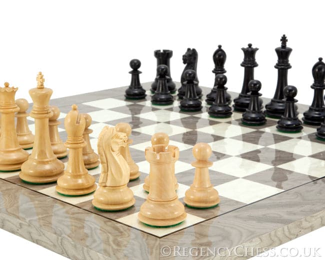 Oxford Ash Burl Chess Set with Staunton design pieces on a 21.7 inch gloss grey ash burl board.