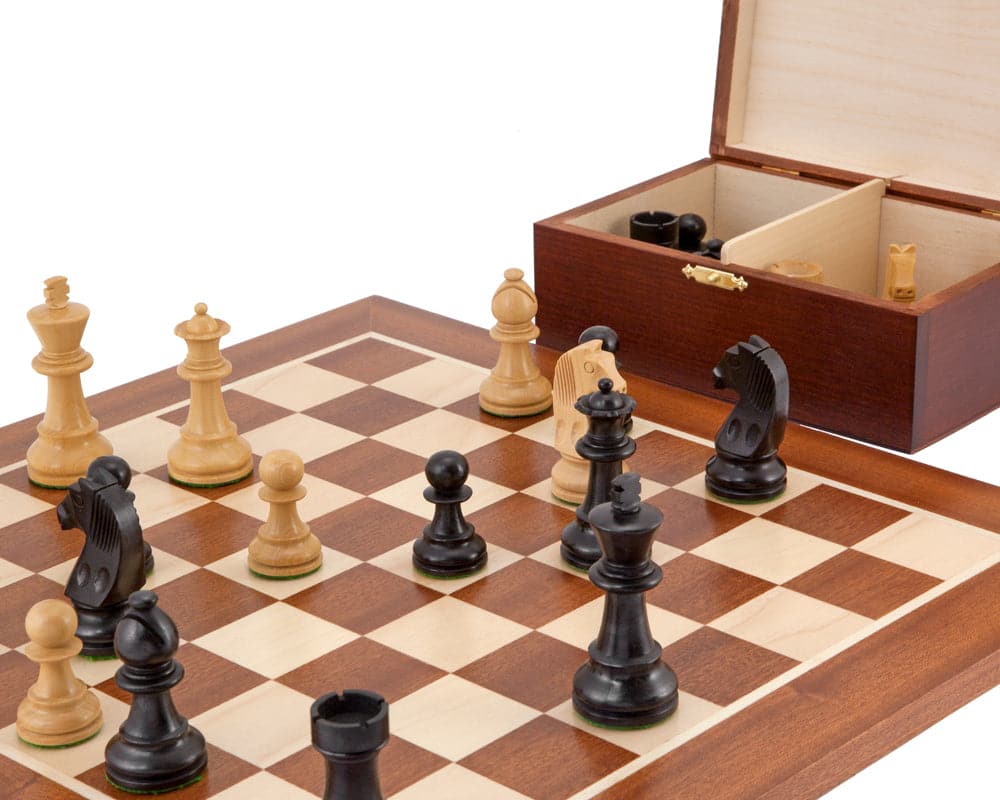 Down Head Black Championship Chess Set with European chess board and storage box