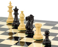 Black Flower Chess Set with handcrafted Staunton pieces on high gloss black anegre board, featuring unique knight design and weighted balance.