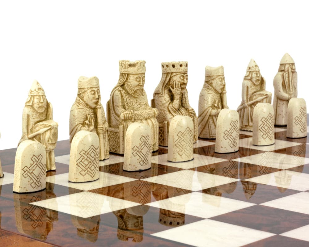 Isle Of Lewis chessmen on Italian Briarwood chess board by The Regency Chess Company