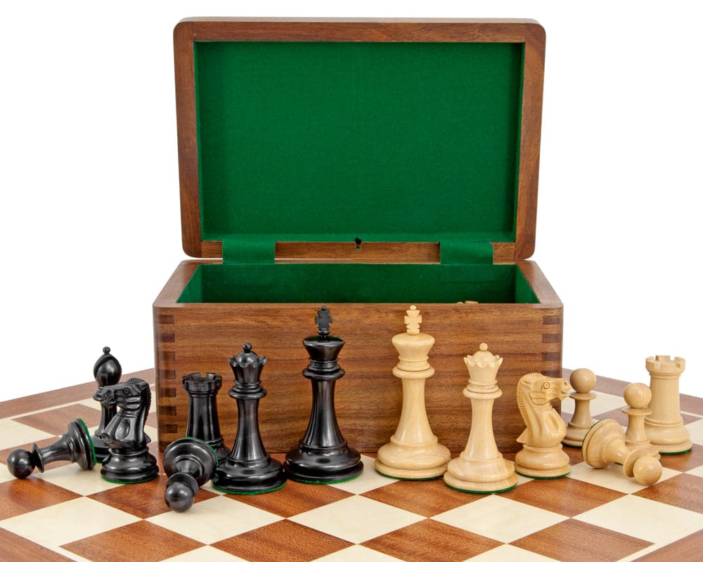 Old English Elite Ebony Mahogany Chess Set with 3.5 inch king, additional queens, and solid golden rosewood case on a superb quality mahogany board