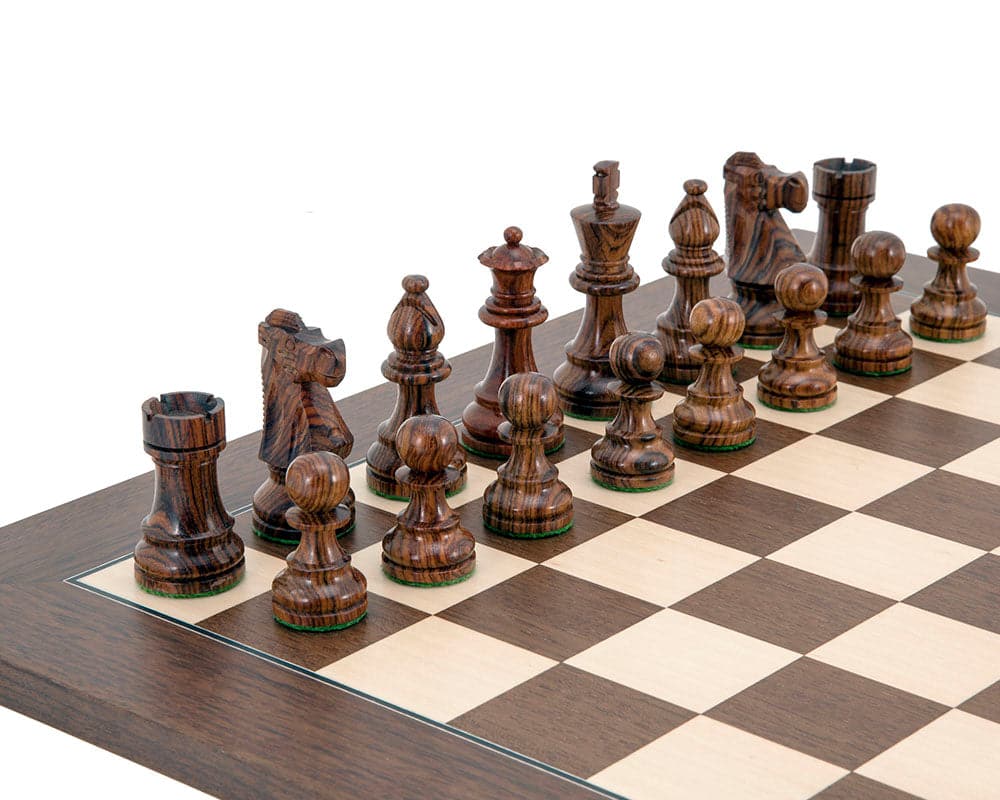 French Knight Montgoy Rosewood Chess Set with Staunton design, 3.25 inch king, handcrafted solid rosewood pieces on luxurious Montgoy chess board