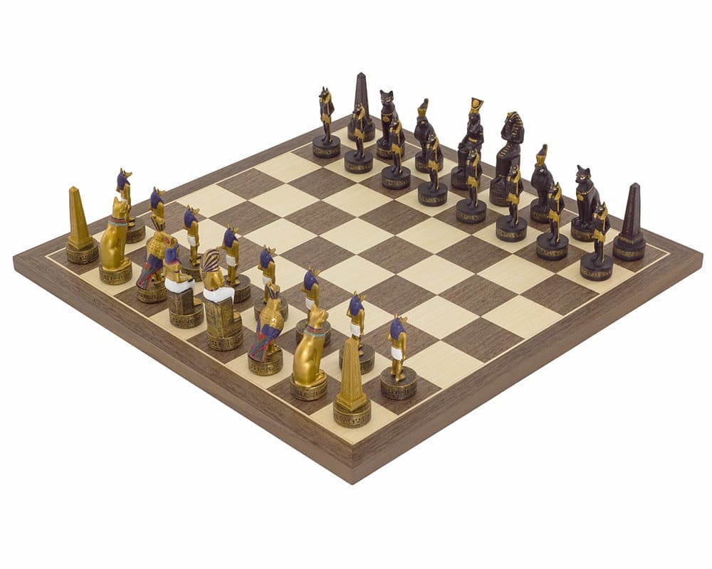 Hand painted Ancient Egypt themed chess set by Italfama on a 15.75-inch walnut and maple board, featuring ornately depicted characters and artifacts.