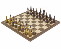 Hand painted Ancient Egypt themed chess set by Italfama on a 15.75-inch walnut and maple board, featuring ornately depicted characters and artifacts.