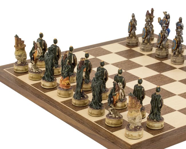The Zombie Hand Painted Chess Set on a 16-inch board, featuring exquisitely ornate, beautifully crafted pieces with felted bases
