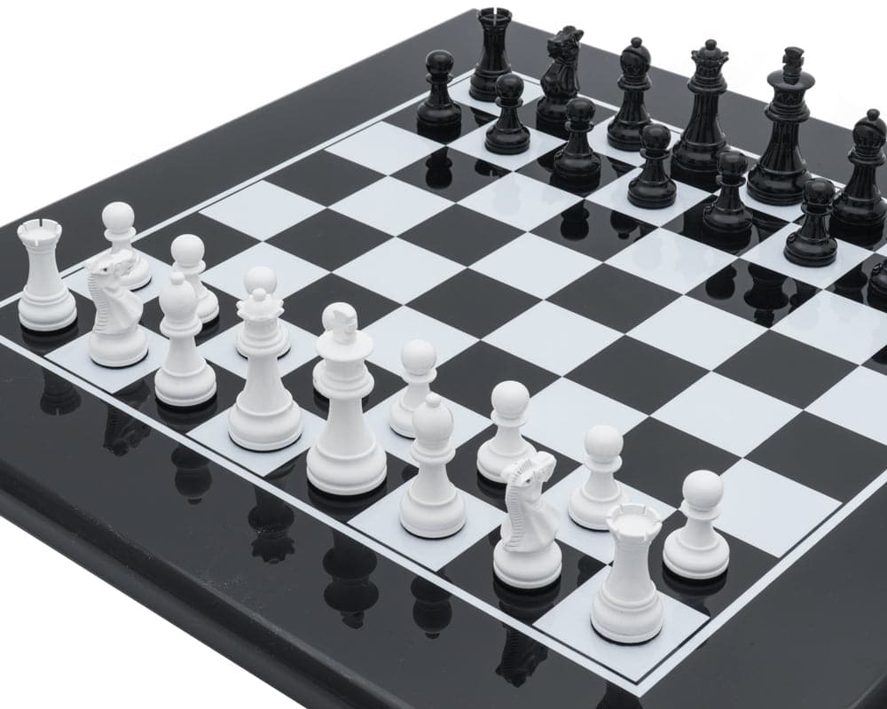 Monochrome Luxury Chess Set by Italfama with white and black chessmen on a black and white chess board
