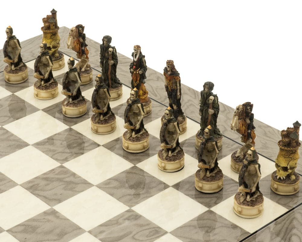 Zombie and Grey Ash Deluxe Chess Set with hand-painted resin pieces on glossy grey ash burl board