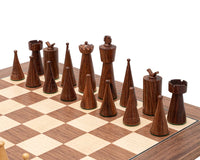 The Art Deco Sheesham and Walnut Chess Set with contemporary rosewood pieces on a walnut and maple board