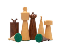 Art Deco Sheesham and Walnut Chess Set pieces crafted from golden rosewood and boxwood, including a 3.5" king, weighted and felted.