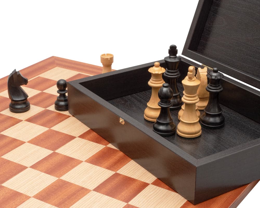 Down Head Knight Tournament Edition Chess Set with 3.75 inch king and handcrafted board with 2 inch playing squares in a storage box