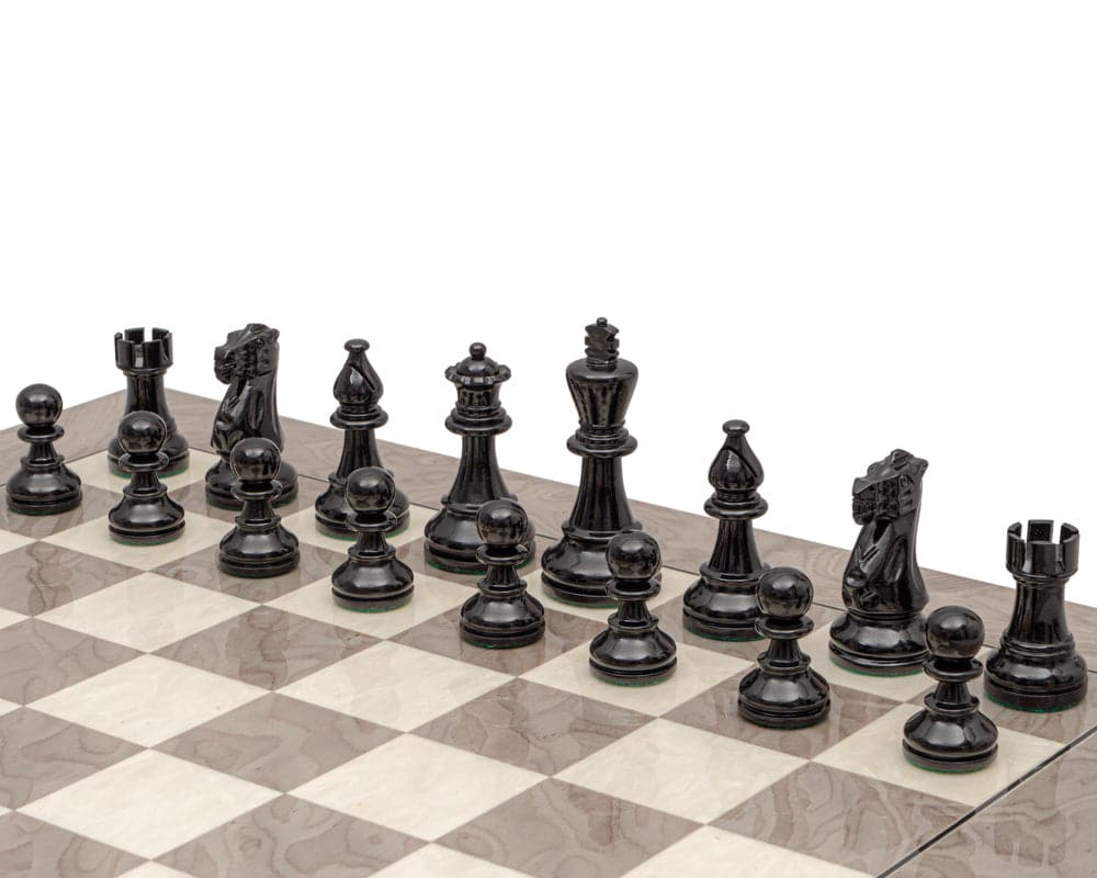 Atlantic Black and Ash Burl Chess Set with high-quality grade boxwood pieces and a beautifully crafted 21.7-inch board from Spain.