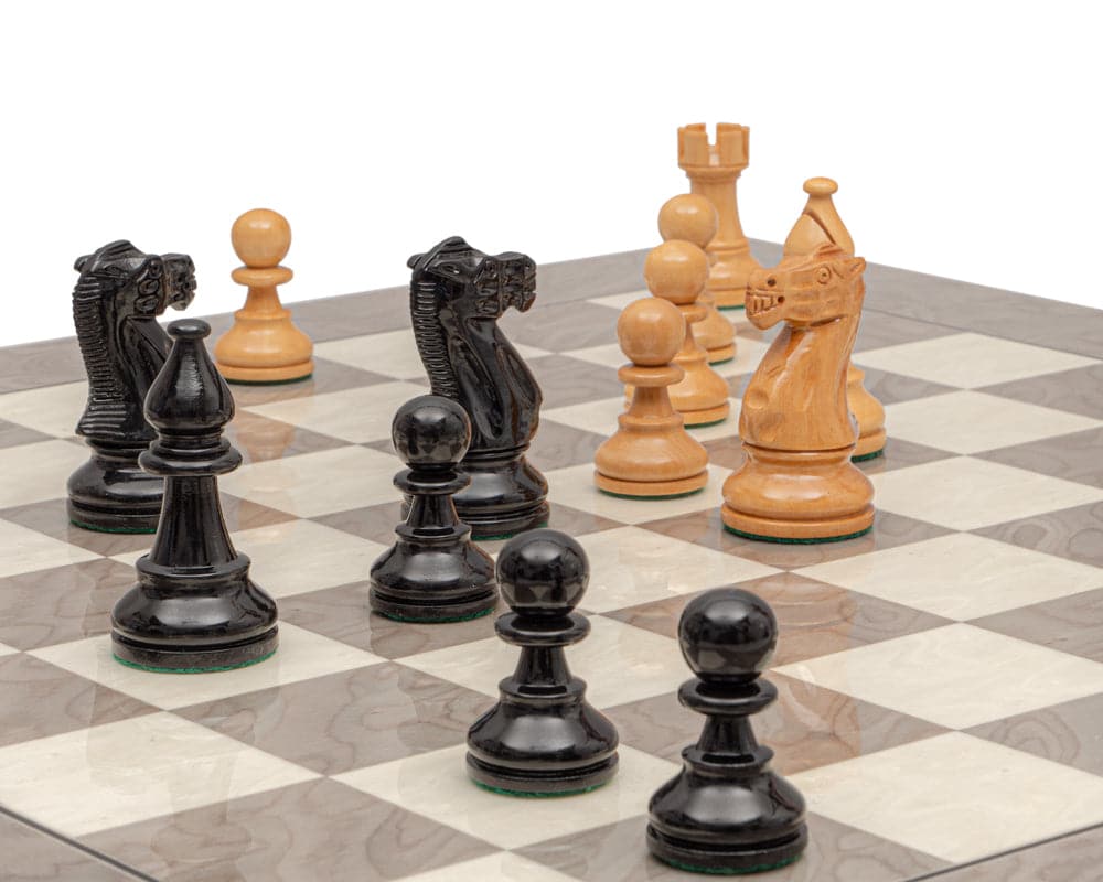Atlantic Black and Ash Burl Chess Set with boxwood chess pieces, 21.7 inch board from Spain with grey ash burl and maple, 2.17 inch squares