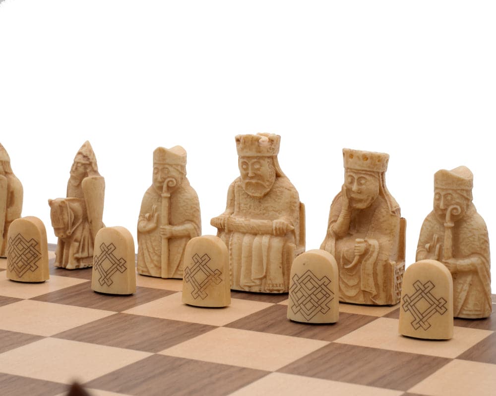 Isle of Lewis Chessmen and Board Presentation Set with artisanal, detailed figures showing superb craftsmanship and perfect balance.