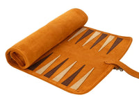 The Manopoulos Suede Roll-Up Travel Backgammon Set - Cinnamon
