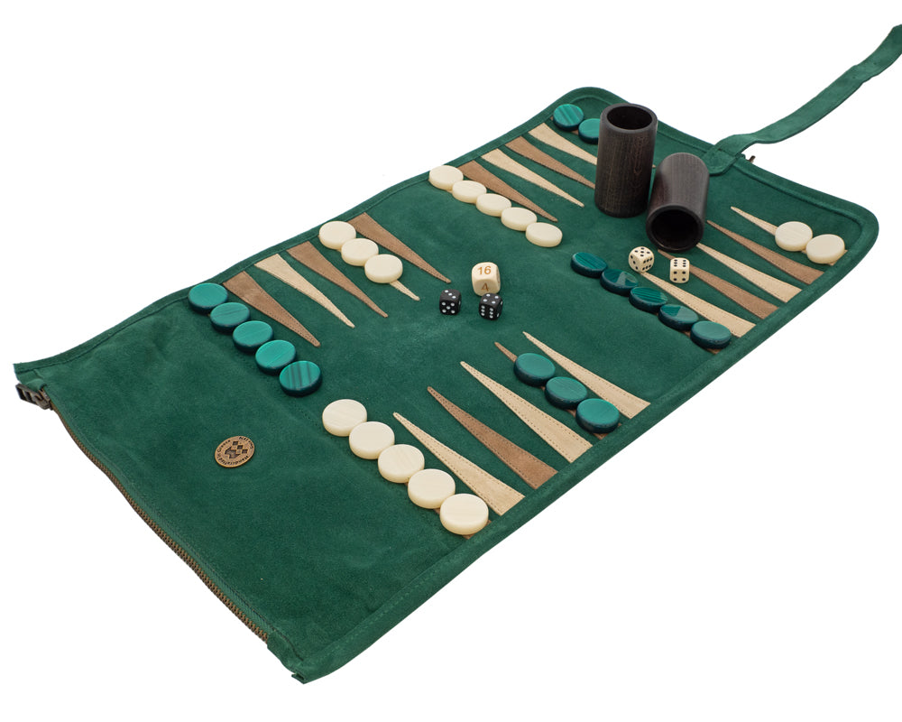 The Manopoulos Suede Roll-Up Travel Backgammon Set - Green